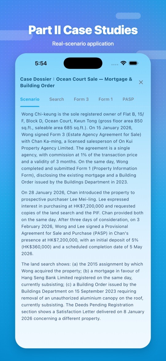 EAQE Part II case-study question screen (with official-format land register dossier inline)