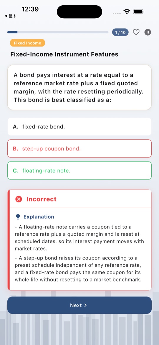 CFA Level I practice question screen