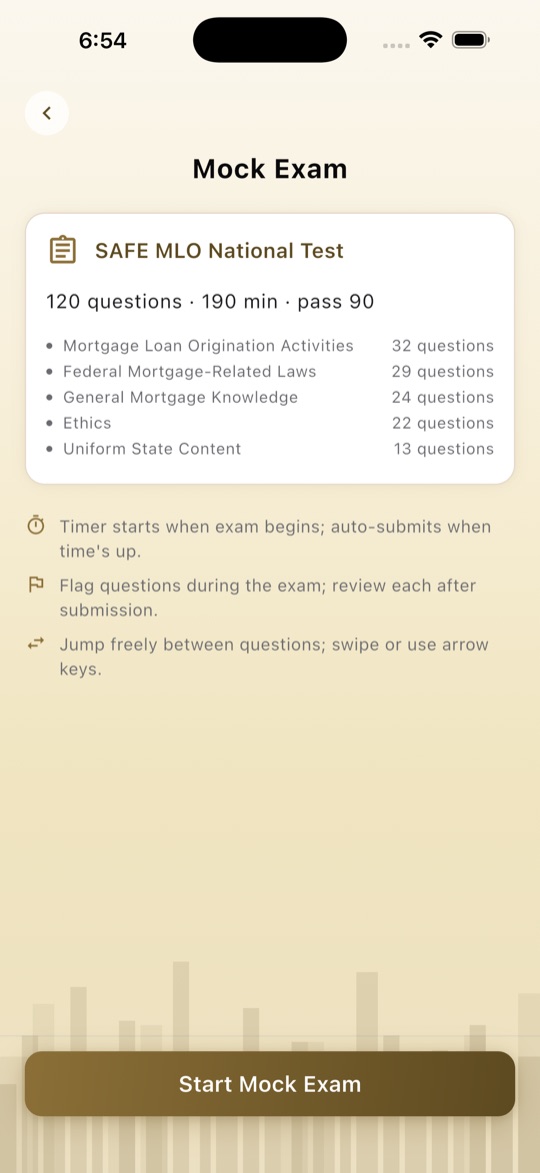 SAFE MLO timed mock exam screen