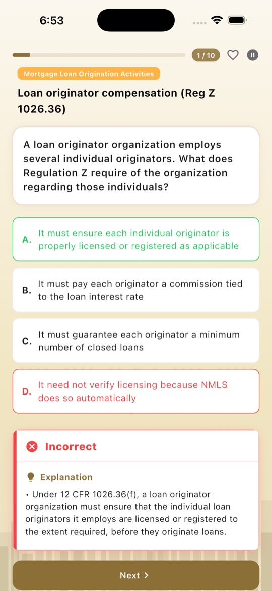 SAFE MLO practice question screen